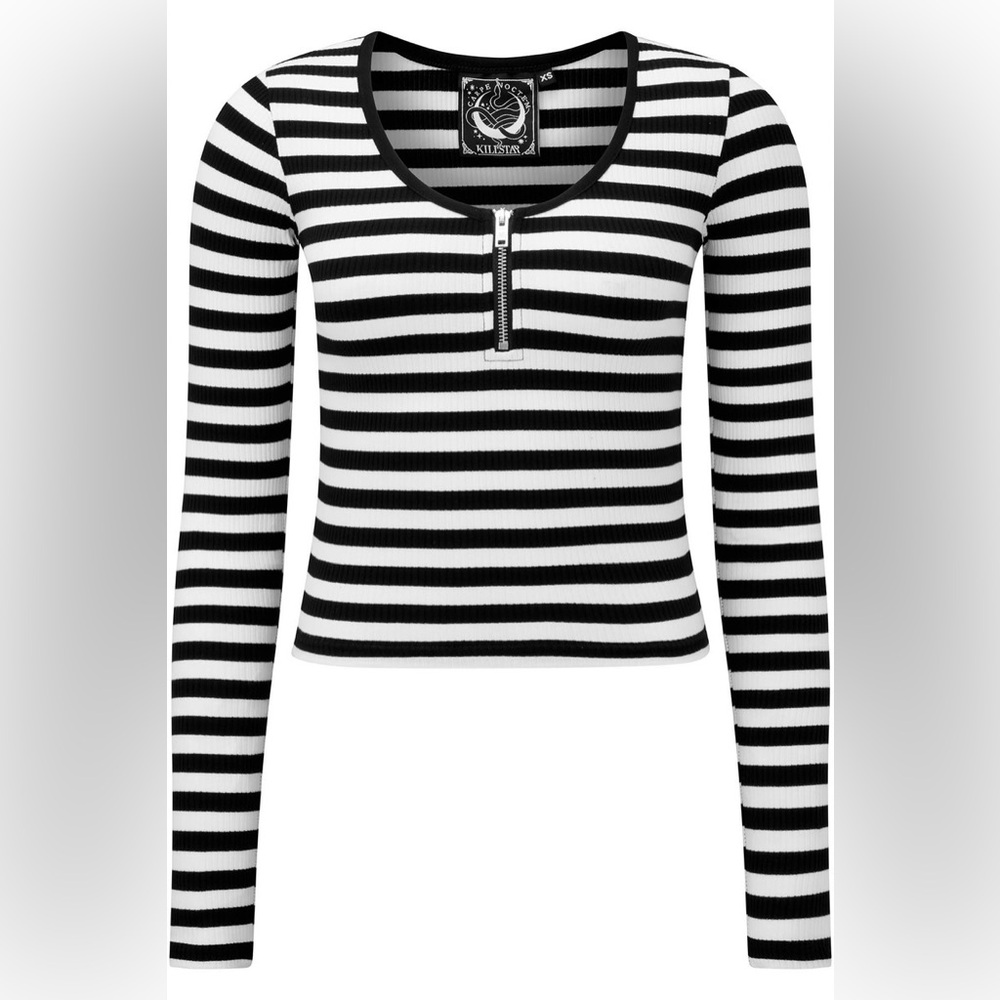 Killstar Izora White and Black Stripe Ribbed Long Sleeve Fall Top